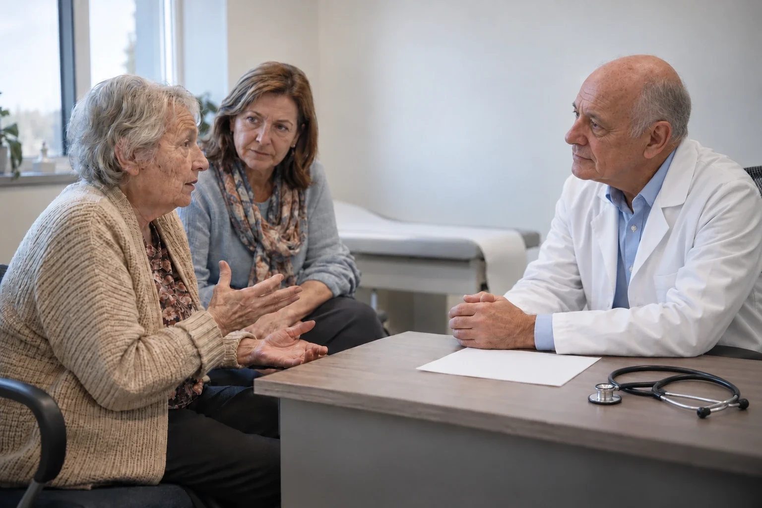 Médico atendiendo en consulta a una mujer mayor acompañada de su hija