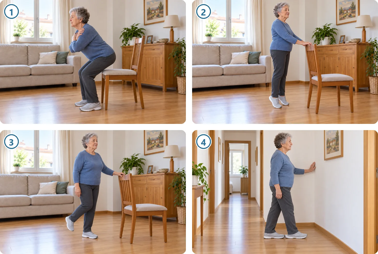 Ejercicios en casa: 1, levantarse de la silla con los brazos cruzados; 2, ponerse de puntillas apoyada en el respaldo; 3, aguantar sobre un pie apoyada en el respaldo; 4, caminar junto a la pared poniendo un pie justo delante del otro