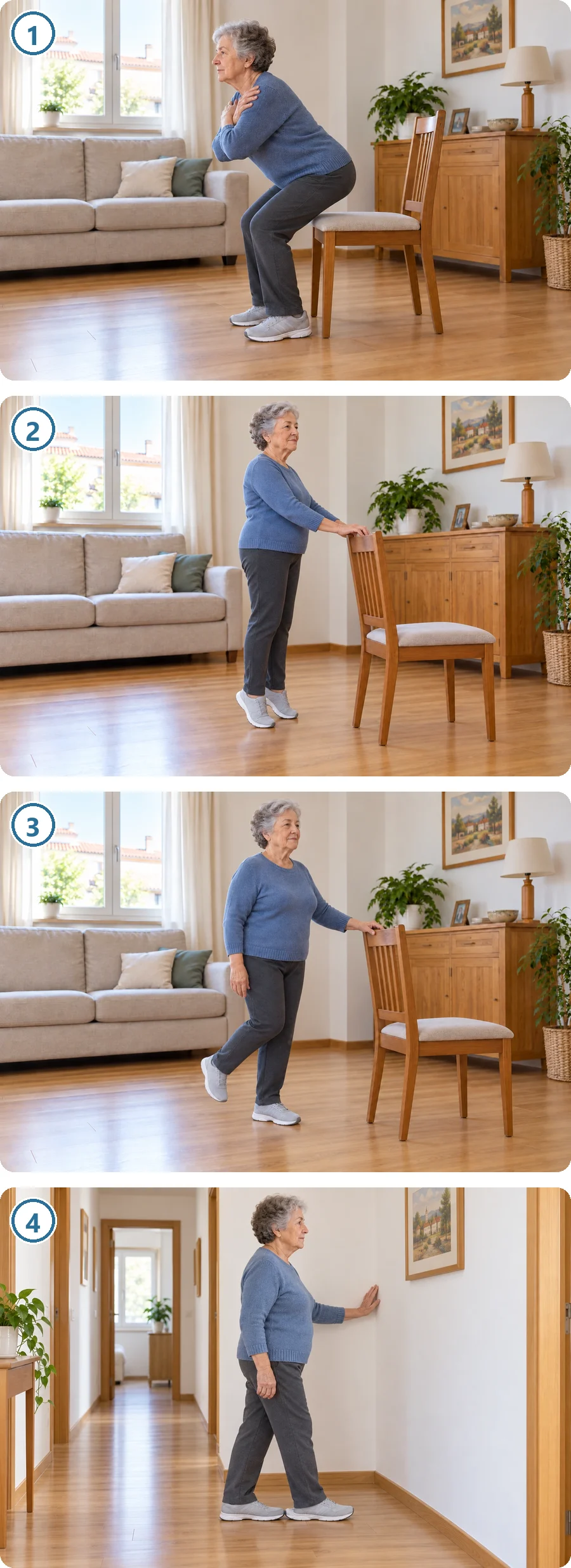 Ejercicios en casa: 1, levantarse de la silla con los brazos cruzados; 2, ponerse de puntillas apoyada en el respaldo; 3, aguantar sobre un pie apoyada en el respaldo; 4, caminar junto a la pared poniendo un pie justo delante del otro