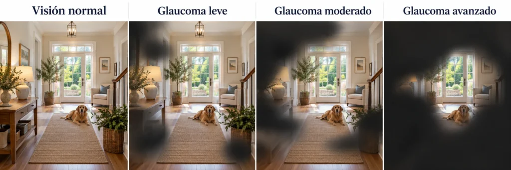 Simulación de la pérdida progresiva del campo visual por glaucoma en cuatro etapas: visión normal, glaucoma leve, moderado y avanzado.