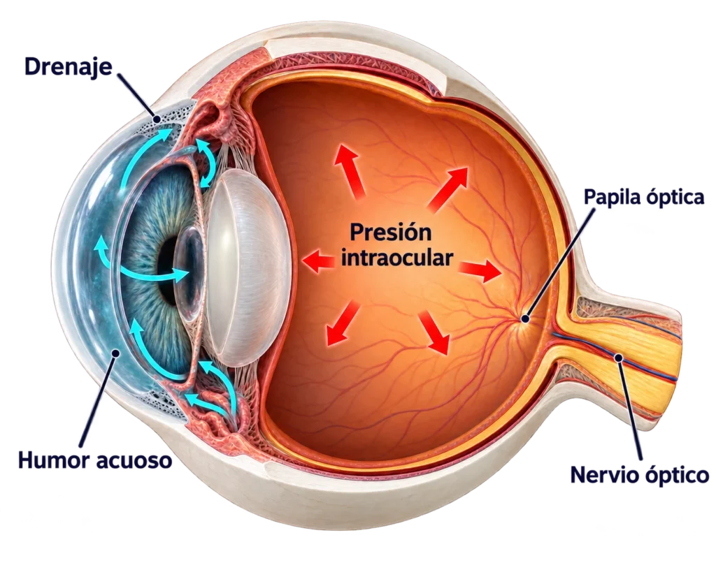 representación 3D del esquema de un ojo en la producción del glaucoma