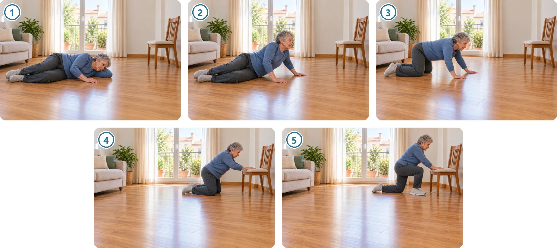 Cinco pasos para levantarse del suelo tras una caída: tumbada, girarse y apoyarse en las manos, a cuatro patas, apoyarse en el asiento de una silla y levantarse con un pie delante