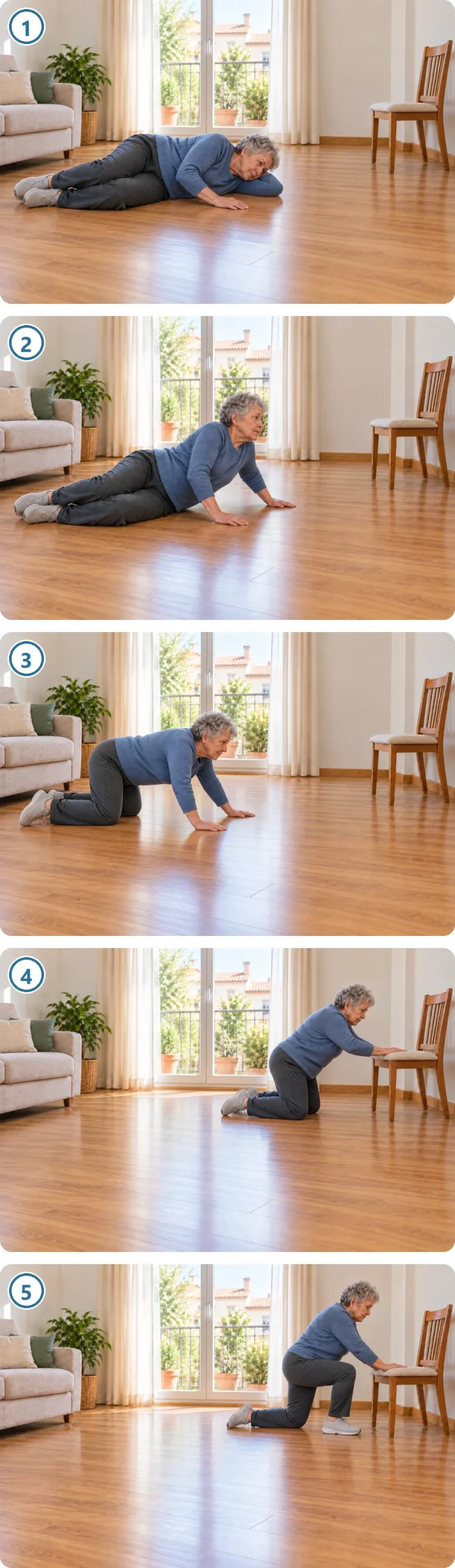 Cinco pasos para levantarse del suelo tras una caída: tumbada, girarse y apoyarse en las manos, a cuatro patas, apoyarse en el asiento de una silla y levantarse con un pie delante