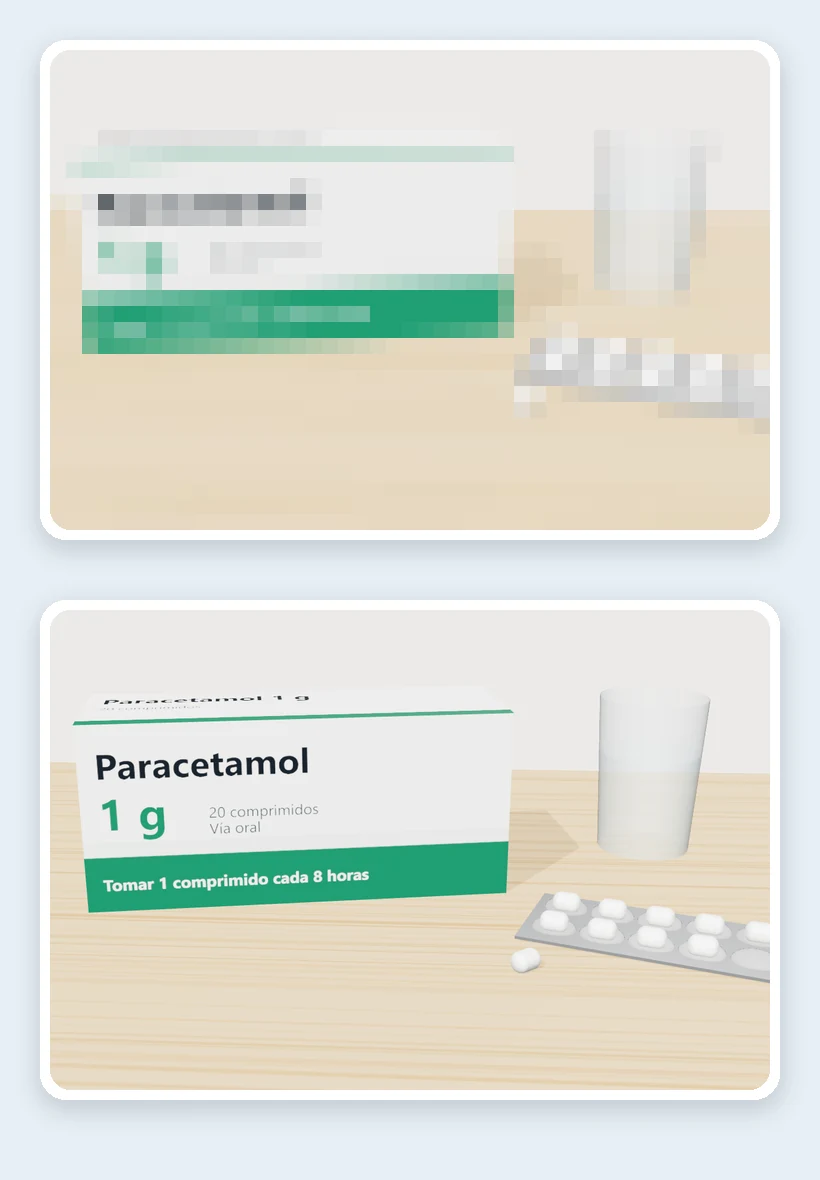 Caja de medicamento vista con grano gordo, en la que no se lee el nombre ni la dosis, y la misma caja con grano fino, en la que se lee todo
