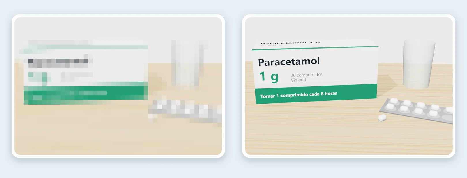 Caja de medicamento vista con grano gordo, en la que no se lee el nombre ni la dosis, y la misma caja con grano fino, en la que se lee todo
