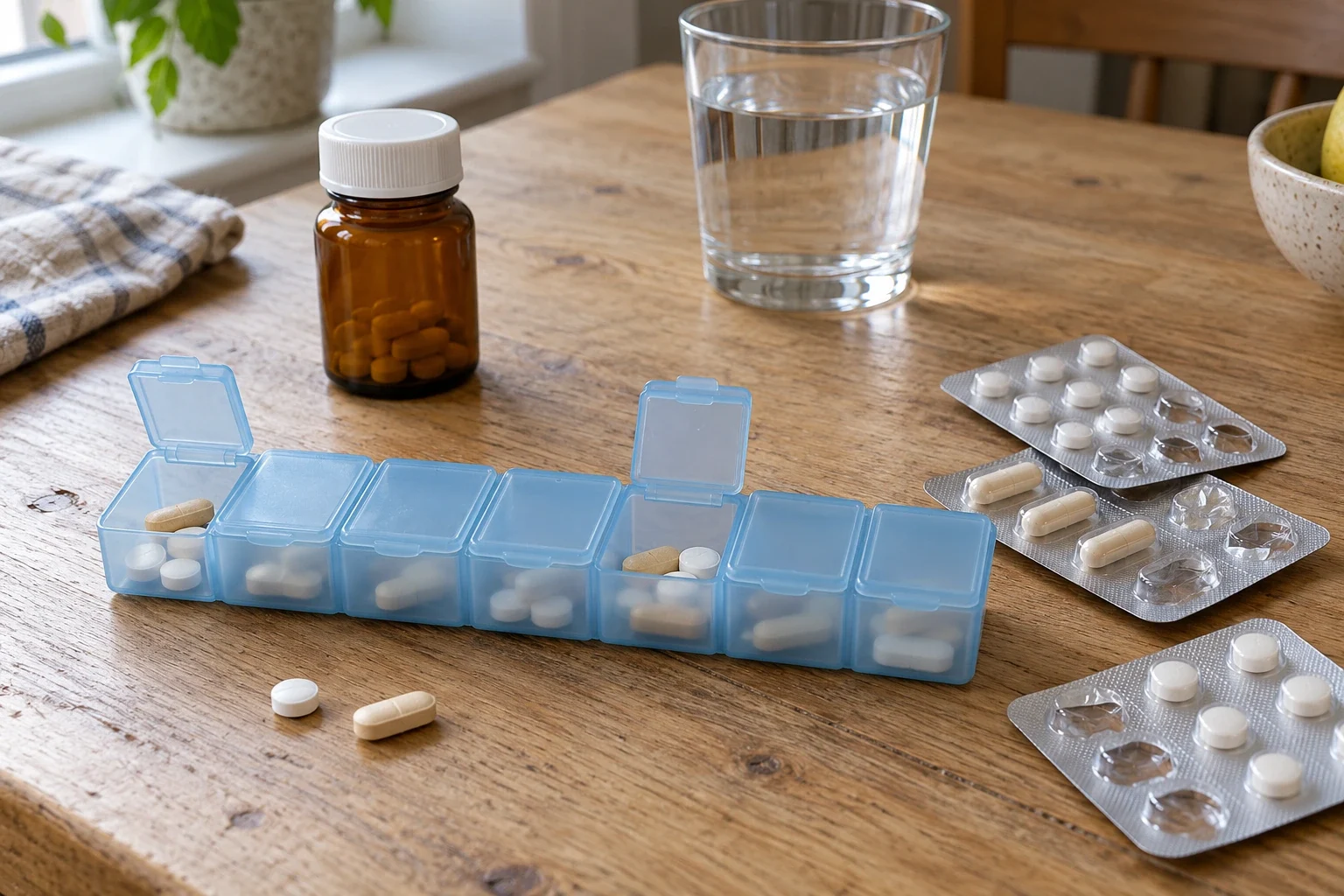 Pastillero semanal, un bote de pastillas y varios blísteres de medicamentos sobre la mesa de la cocina, junto a un vaso de agua