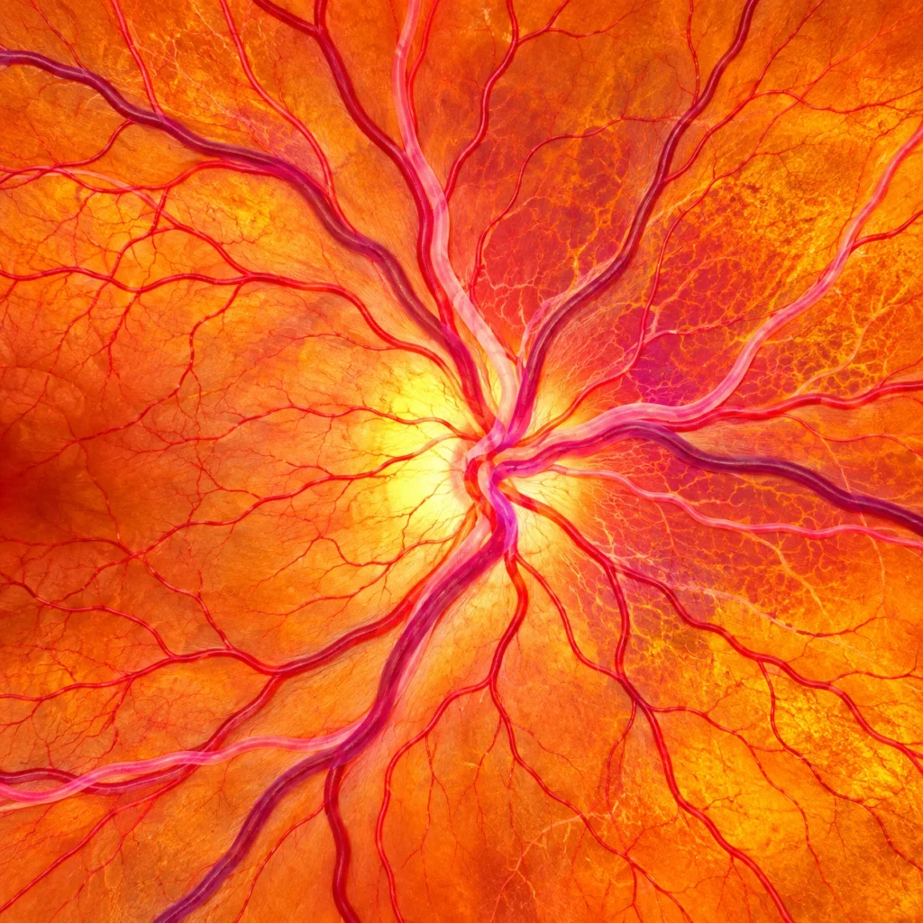Ilustración anatómica de la papila óptica y los vasos sanguíneos de la retina para explicar el glaucoma.