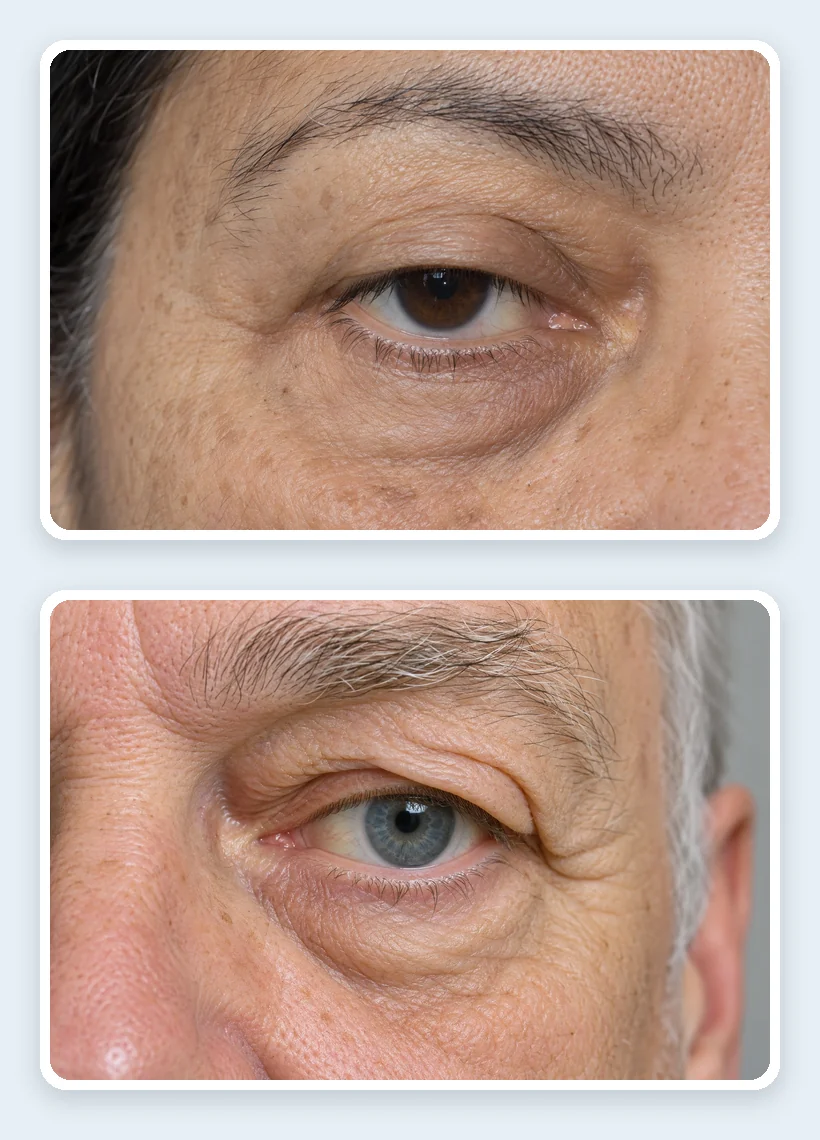 Párpado caído (ptosis) y exceso de piel en el párpado superior (dermatocalasia)