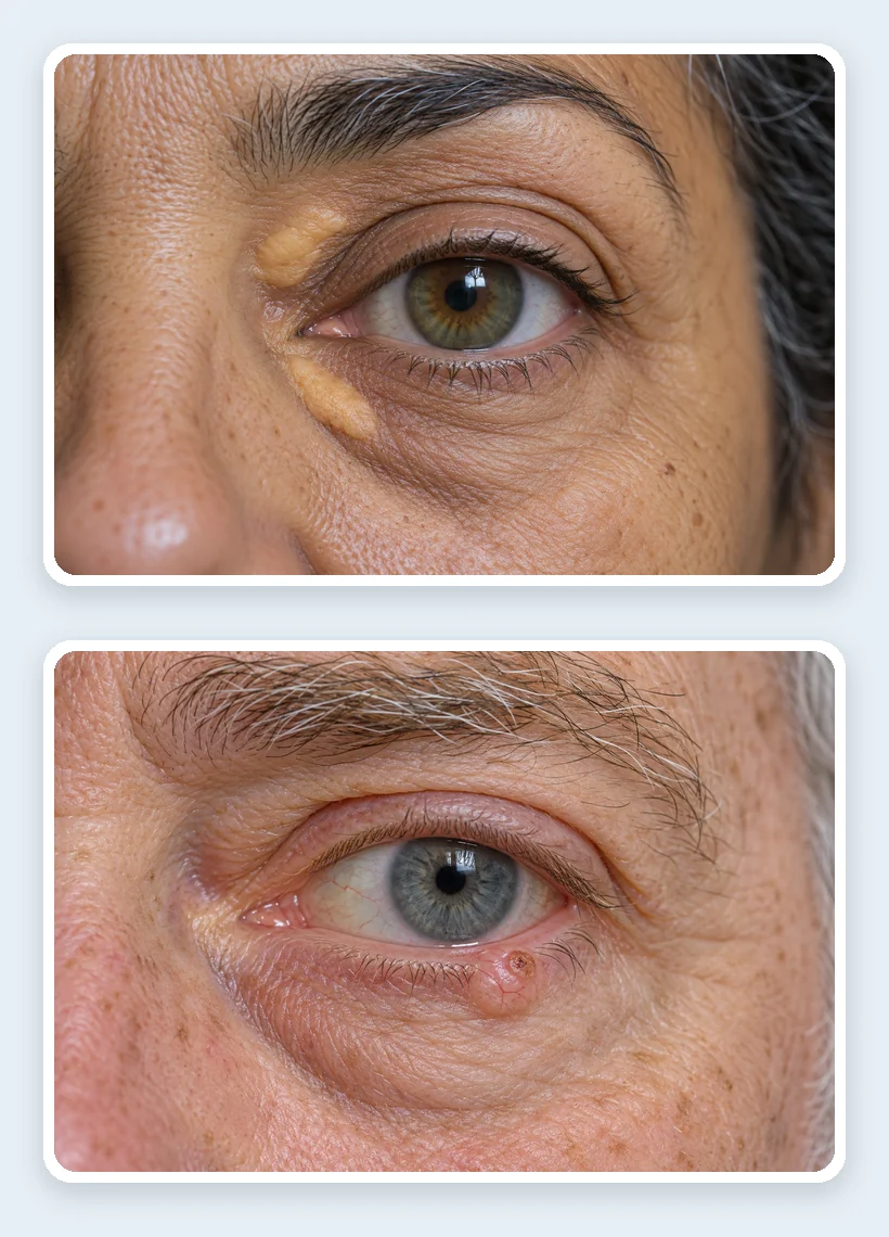 Xantelasmas junto al ángulo interno del ojo y lesión sospechosa de carcinoma basocelular en el párpado inferior