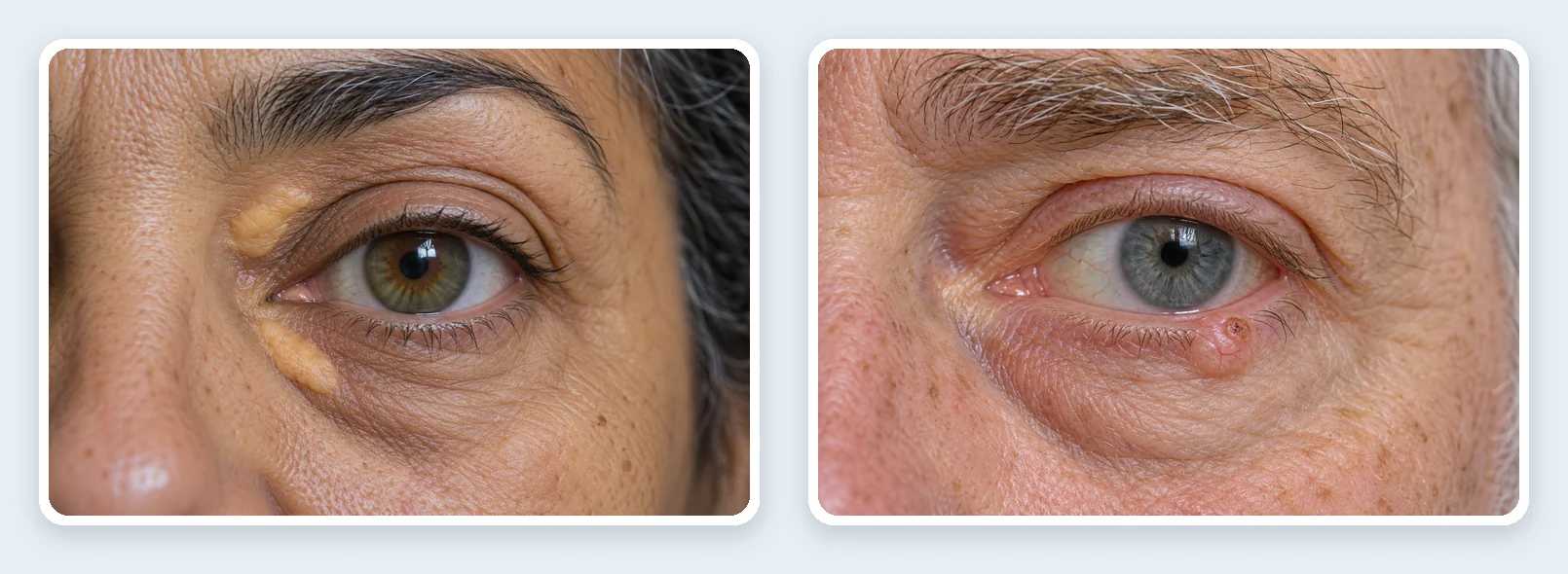 Xantelasmas junto al ángulo interno del ojo y lesión sospechosa de carcinoma basocelular en el párpado inferior