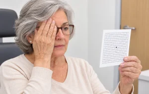 Señora con gafas observando una rejilla de Amsler mientras se cubre un ojo