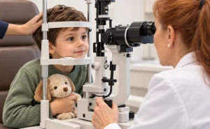 Niño durante una exploración oftalmológica con lámpara de hendidura.
